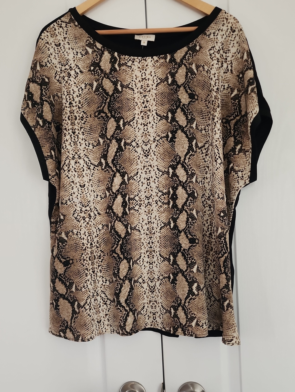New Laura  Snake-Print Short Sleeve Top with Black Trim